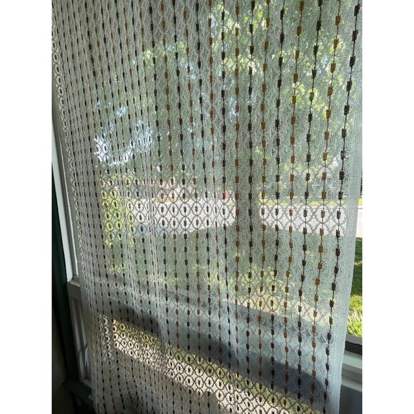 Vintage 70s curtain, white brown stripes, net woven mesh, rod head panel, for 1 - Picture 3 of 10